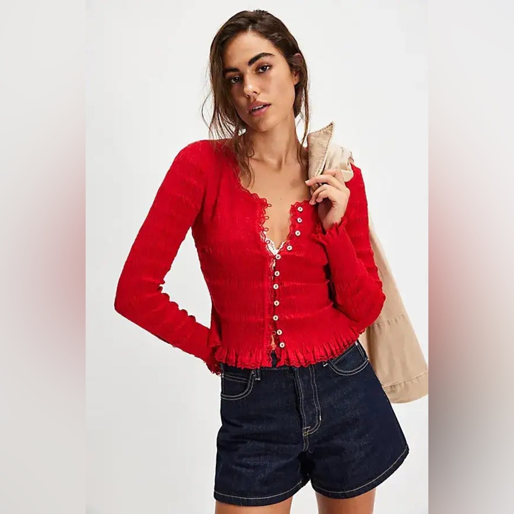 New Free People Red Berry Elliot Smocked Long Sleeve Blouse Shirt Top sz S